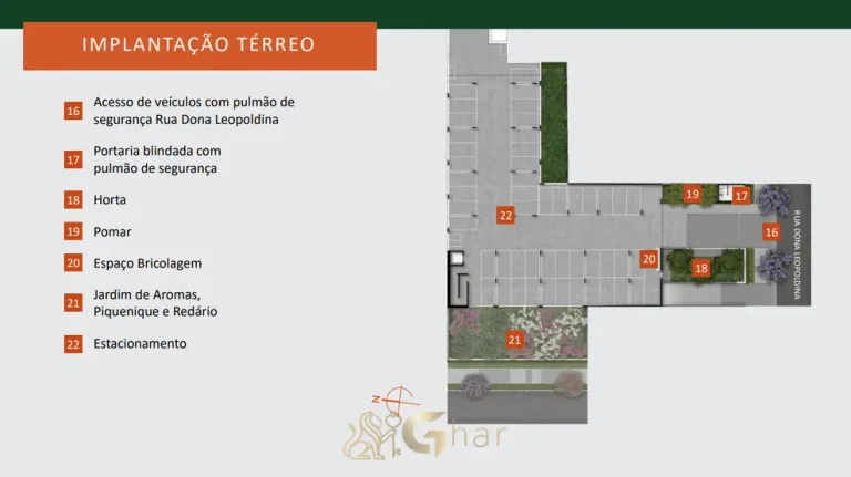 Planta de implantação do 2º nível do térreo com lazer completo em apartamentos no bairro do Alto do Ipiranga, São Paulo