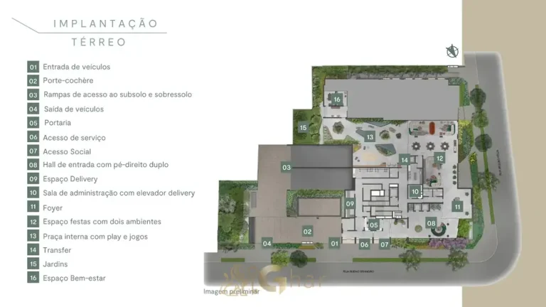 Planta de implantação do térreo com praça e paisagismo em condomínio de luxo na Vila Nova Conceição, na Zona Sul de São Paulo