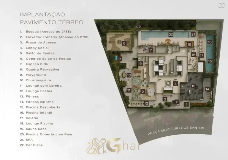 Planta de implantação do térreo com áreas comuns em condomínio residencial no bairro da Chácara Klabin, na Zona Sul de São Paulo