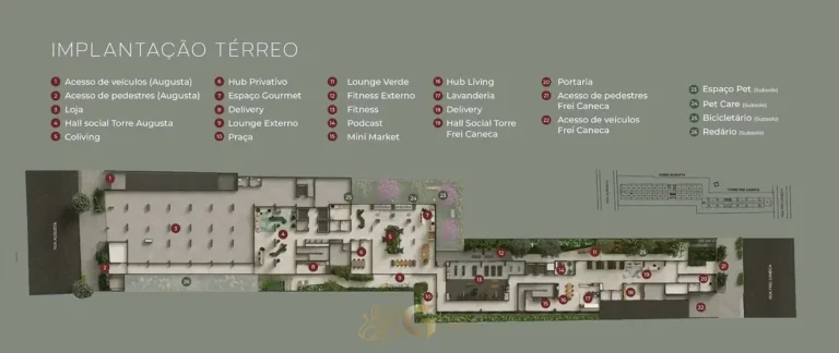 Planta de implantação do térreo em condomínio residencial no bairro da Consolação, no Centro de São Paulo