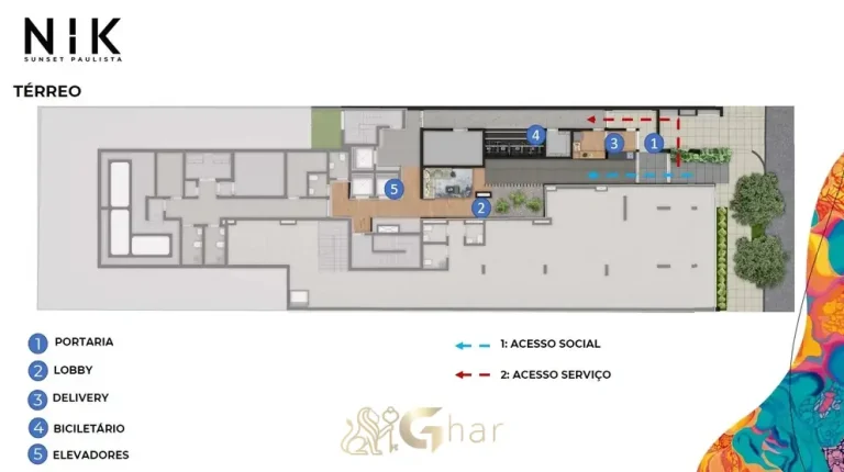 Planta de implantação do térreo em condomínio residencial na Bela Vista, na Zona Central de São Paulo