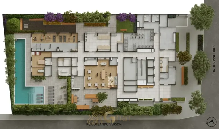 Planta de implantação do térreo em apartamentos em Pinheiros, São Paulo