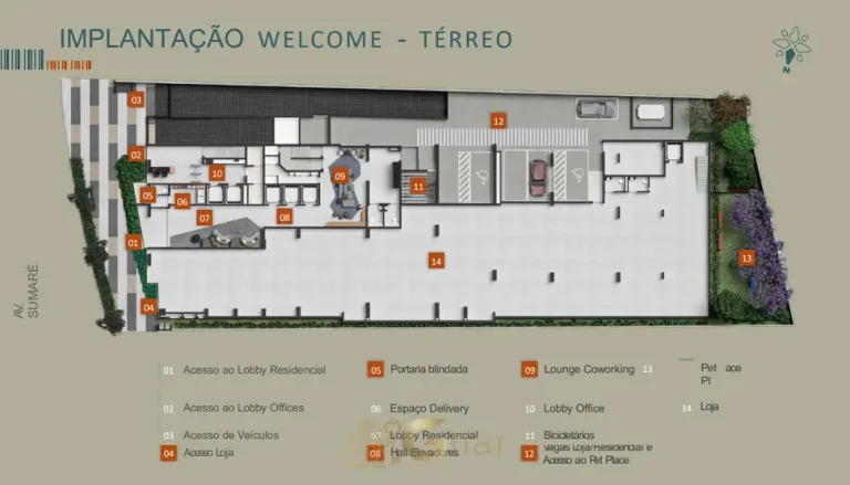 Planta de implantação do térreo em apartamentos em Perdizes, São Paulo