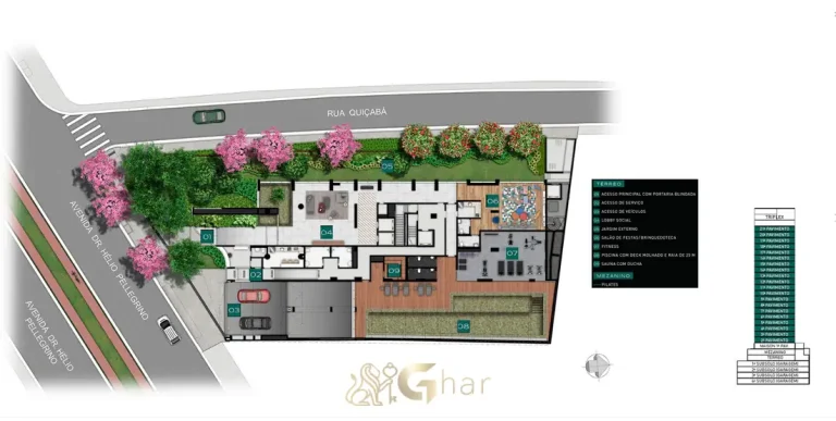 Planta de implantação do térreo em condomínio residencial no bairro da Vila Nova Conceição, na Zona Sul de São Paulo