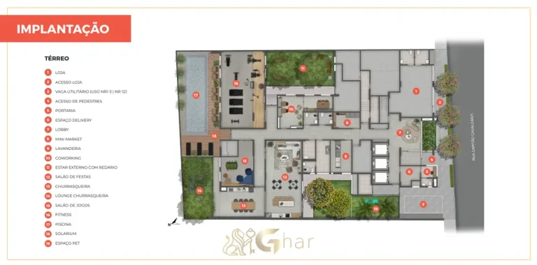 Planta de implantação do térreo com áreas comuns do condomínio Unique Fit Vila Mariana no bairro da Vila Mariana, São Paulo