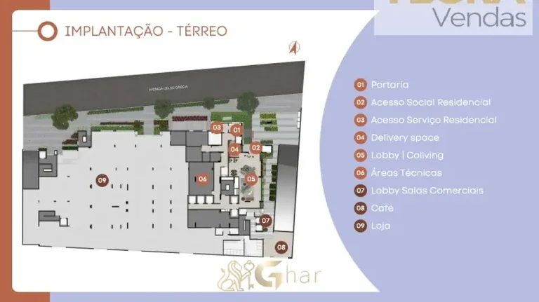 Planta de implantação do térreo com acessos em apartamentos no bairro do Tatuapé, São Paulo
