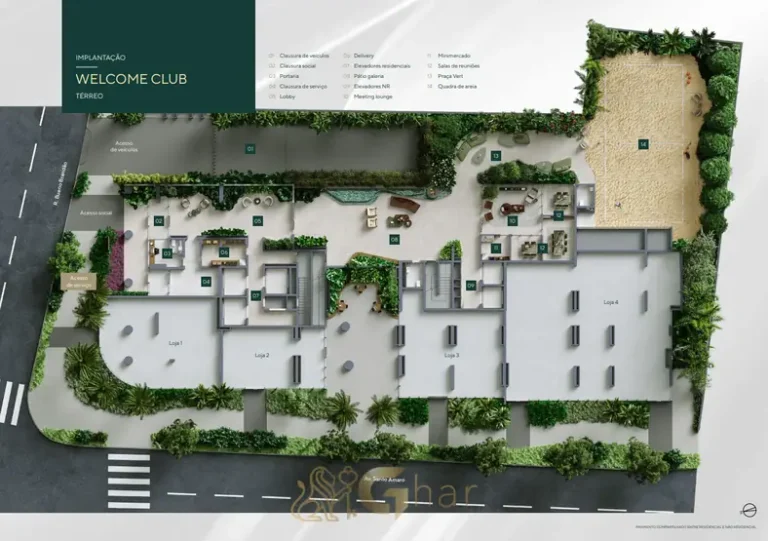 Planta de implantação do térreo com Welcome Club em apartamentos no bairro da Vila Nova Conceição, São Paulo