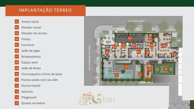 Planta de implantação do térreo com acessos e lobby do condomínio YPY Alto do Ipiranga no bairro do Alto do Ipiranga em São Paulo