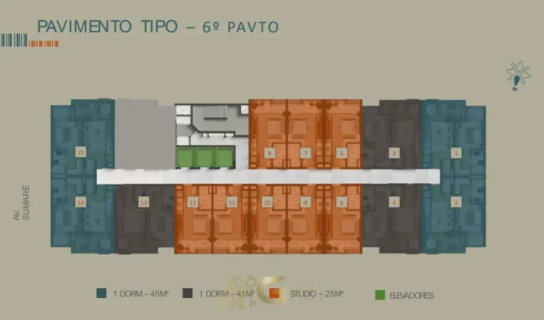 Planta da tipologia do 6º pavimento em apartamentos em Perdizes, São Paulo