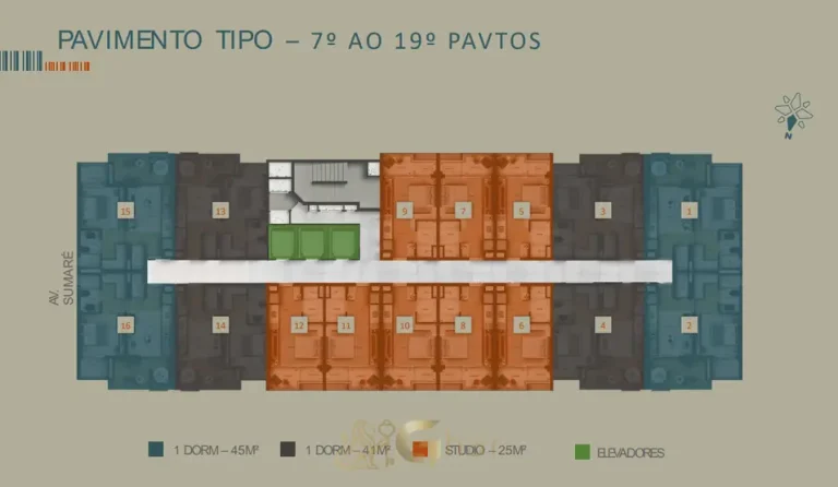 Planta da tipologia dos pavimentos 7 ao 19 em condomínio residencial em Perdizes, na Zona Oeste de São Paulo