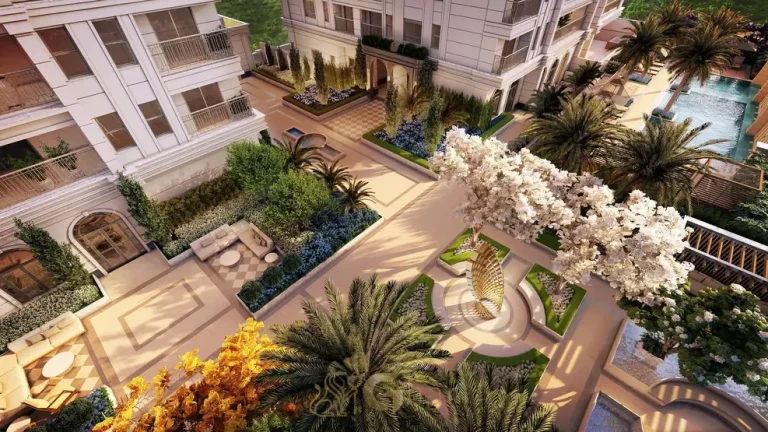 Praça com jardins e paisagismo internacional em apartamentos na Cidade Jardim, São Paulo