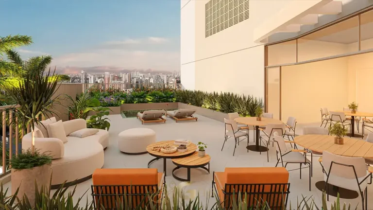 Interior do private pool house com lounge integrado em apartamentos no bairro da Vila Mariana, São Paulo