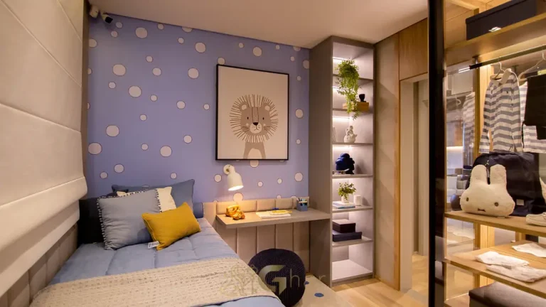 Quarto com marcenaria e iluminação planejada do apartamento decorado em apartamentos no bairro do Brooklin, São Paulo