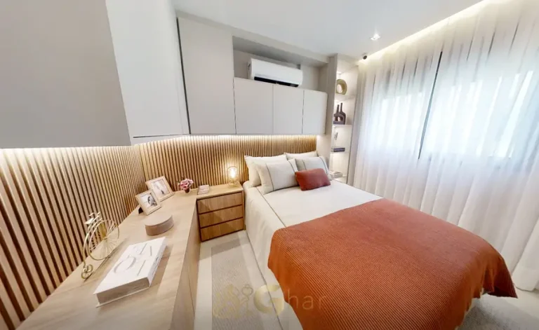 Quarto em ângulo alternativo do decorado em apartamentos no bairro da Bela Vista, São Paulo