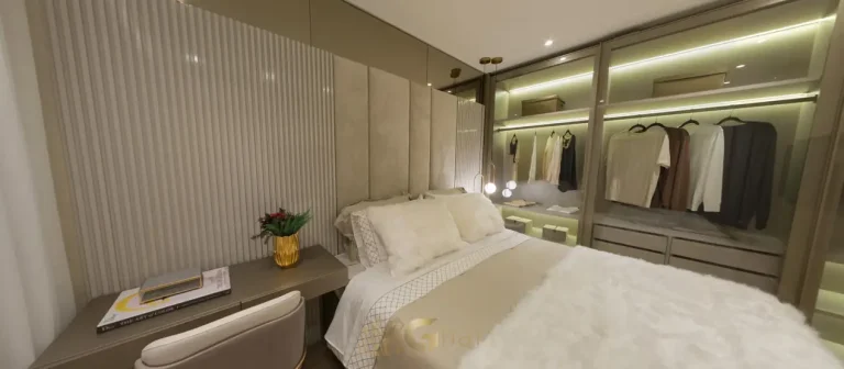 Quarto da suíte do apartamento decorado do condomínio Grand Square no bairro da Praça da Árvore, São Paulo
