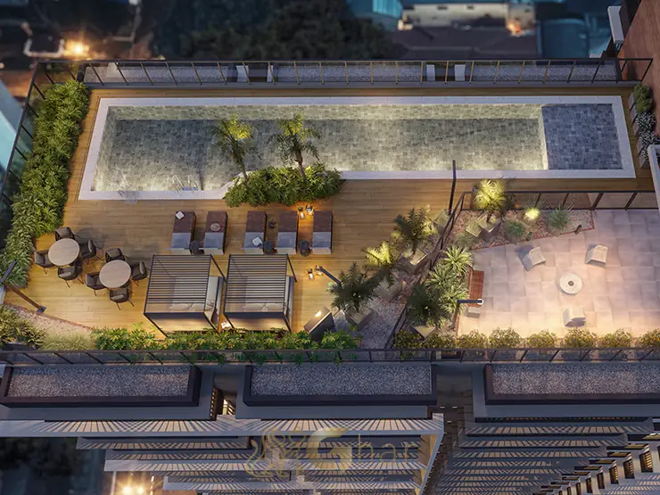 Solário com piscina e deck molhado no rooftop em apartamentos na Vila Clementino, São Paulo
