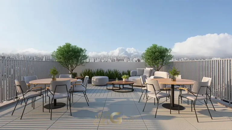 Rooftop lounge com vista para a cidade em condomínio residencial no bairro da Vila Mariana, na Zona Sul de São Paulo