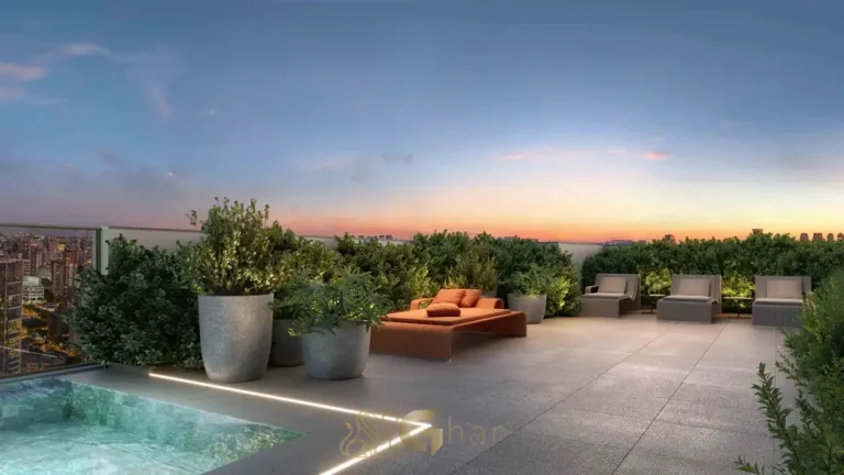 Rooftop lounge com vista para a cidade em apartamentos no bairro da Vila Nova Conceição, São Paulo