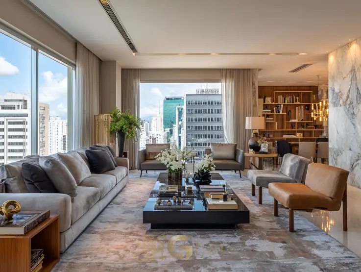 Sala integrada do apartamento decorado em empreendimento de alto padrão no bairro da Vila Prudente, São Paulo