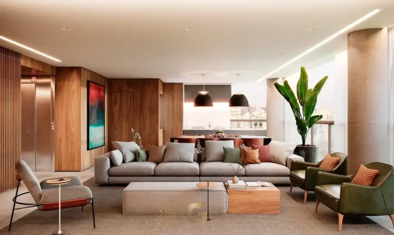 Sala de estar com acabamento sofisticado em condomínio residencial no Paraíso, na Zona Sul de São Paulo