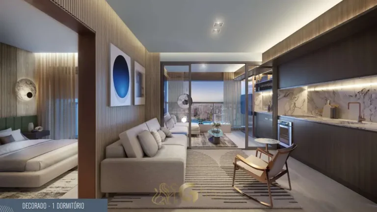 Sala do apartamento decorado de 53 m² em condomínio residencial em Higienópolis, na Zona Oeste de São Paulo