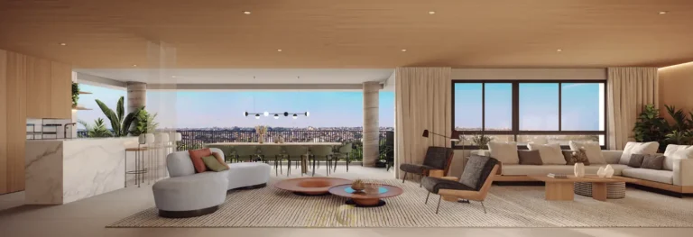 Sala do apartamento decorado Essence com integração varanda em apartamentos no bairro do Itaim Bibi, São Paulo
