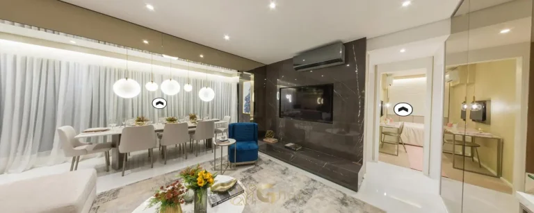 Sala do apartamento decorado do condomínio Grand Square no bairro da Praça da Árvore, São Paulo