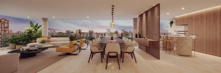 Sala do apartamento decorado Harmonie com varanda integrada em apartamentos no bairro do Itaim Bibi, São Paulo