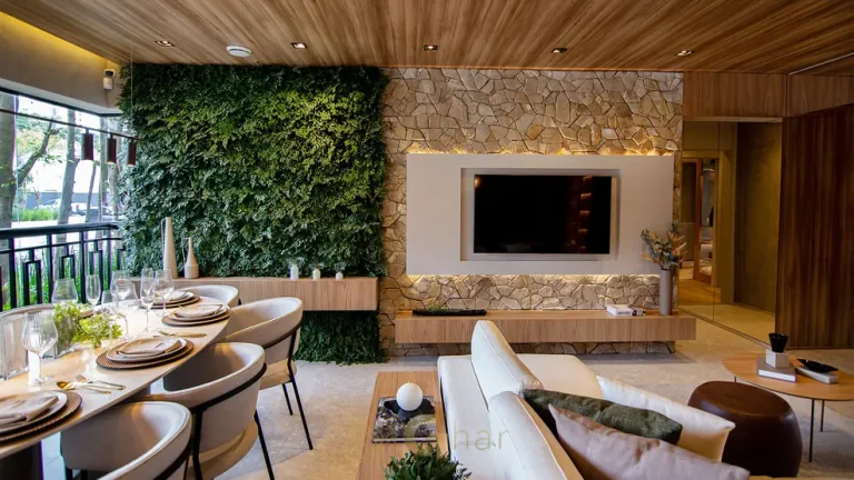 Sala de estar do apartamento decorado do condomínio Ledge Brooklin no bairro do Brooklin em São Paulo