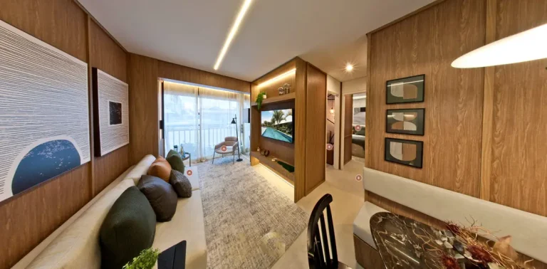 Sala de estar em ângulo alternativo do decorado em apartamentos no bairro do Tatuapé, São Paulo