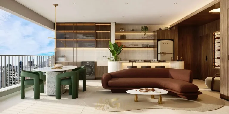 Sala integrada do apartamento decorado do condomínio Vert Vila Nova no bairro da Vila Nova Conceição, São Paulo