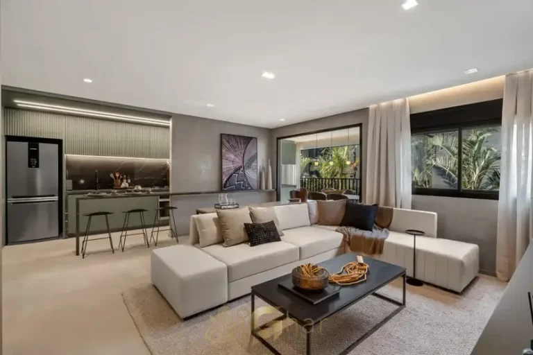 Sala de estar do apartamento decorado em apartamentos no bairro do Alto da Lapa, São Paulo