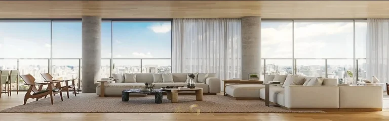 Sala de estar com sofás e lounge em condomínio residencial no Ibirapuera, na Zona Sul de São Paulo