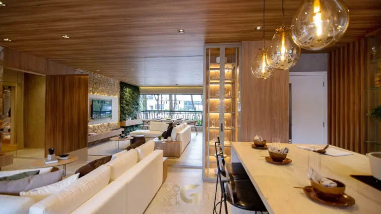 Sala de jantar integrada ao living do apartamento decorado do condomínio Ledge Brooklin no bairro do Brooklin em São Paulo