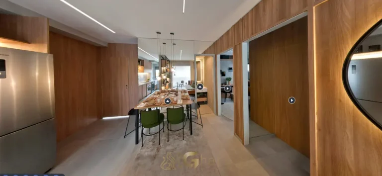Sala de jantar integrada ao living do decorado do condomínio Nex One Paraíso no bairro do Paraíso, São Paulo
