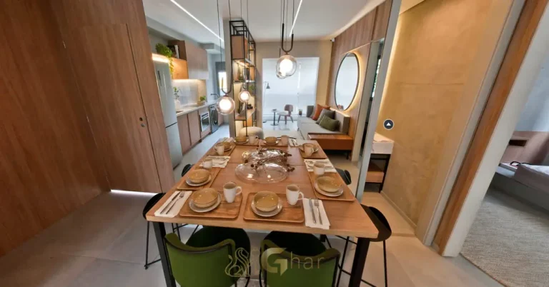 Sala de jantar com mesa e cadeiras do decorado do condomínio Nex One Paraíso no bairro do Paraíso, São Paulo