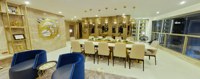 Sala de jantar com acabamentos de luxo do condomínio Villa Residence Versace no bairro de Moema, São Paulo