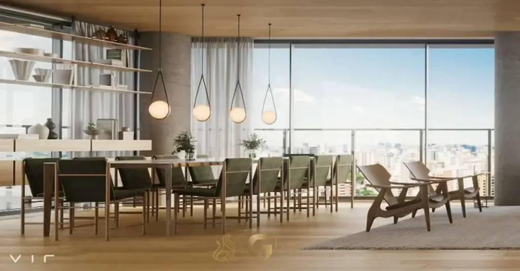 Sala de jantar com escala monumental em apartamentos no Ibirapuera, São Paulo