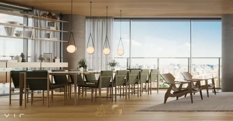 Sala de jantar com escala monumental em apartamentos no Ibirapuera, São Paulo