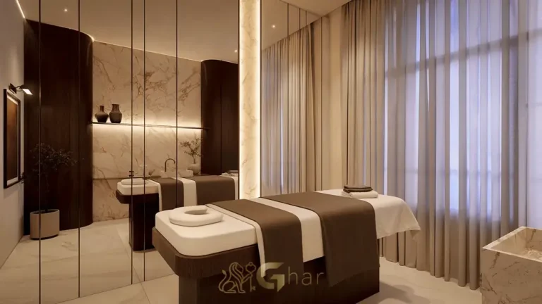 Sala de massagem com ambiente sofisticado em apartamentos na Cidade Jardim, São Paulo