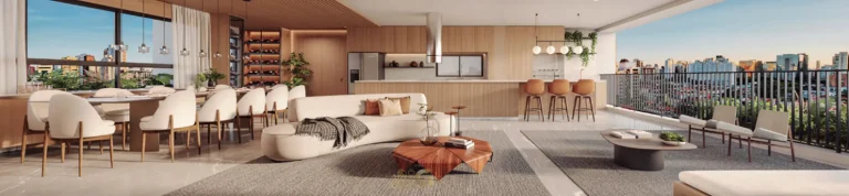 Sala e varanda integradas do apartamento decorado Sereine em apartamentos no bairro do Itaim Bibi, São Paulo