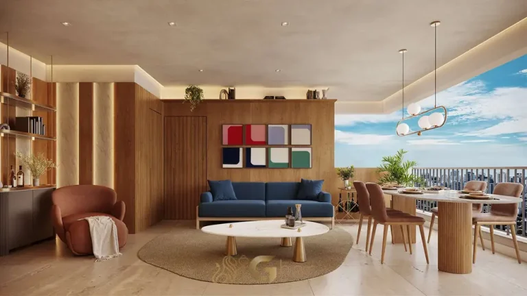 Sala com varanda integrada do decorado do condomínio Vert Vila Nova no bairro da Vila Nova Conceição, São Paulo