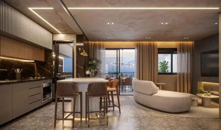 Sala integrada ao living do condomínio Villa Pio no bairro do Alto da Lapa, São Paulo
