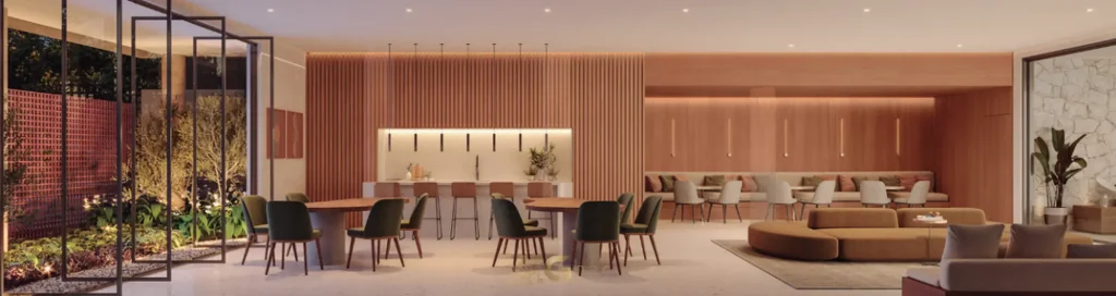 Salão de festas com design elegante em condomínio residencial no bairro do Itaim Bibi, na Zona Sul de São Paulo