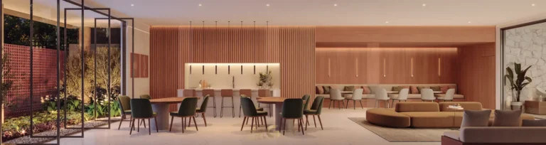 Salão de festas com design elegante em condomínio residencial no bairro do Itaim Bibi, na Zona Sul de São Paulo