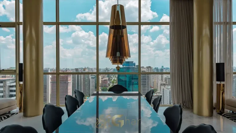 Salão gourmet com acabamentos finos do condomínio Villa Studios Versace no bairro de Moema, São Paulo