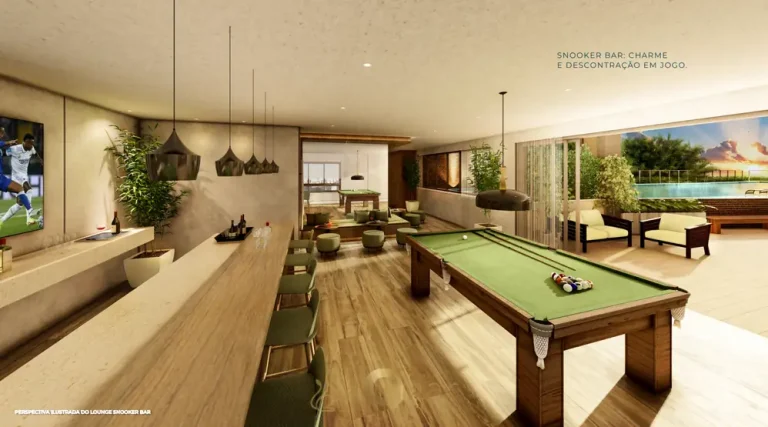 Lounge snooker bar com mesa de bilhar em apartamentos no bairro do Brooklin, São Paulo