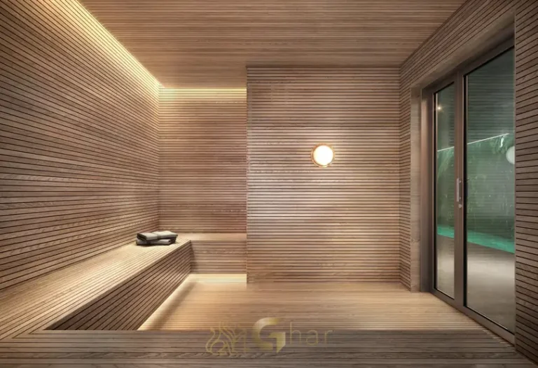 Sauna seca com acabamentos premium em condomínio residencial de luxo na Vila Nova Conceição, na Zona Sul de São Paulo