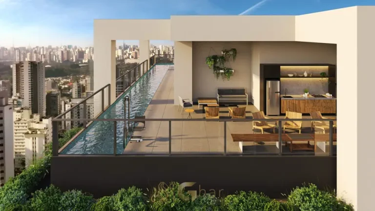 Skybar no rooftop em condomínio residencial no bairro de Moema, na Zona Sul de São Paulo