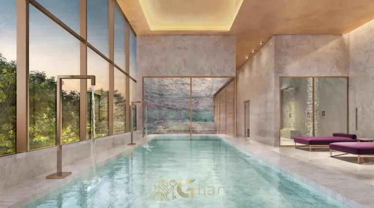 Área de spa assinada pela coleção Elie Saab Maison do condomínio Saffire by Elie Saab no bairro de Moema, São Paulo